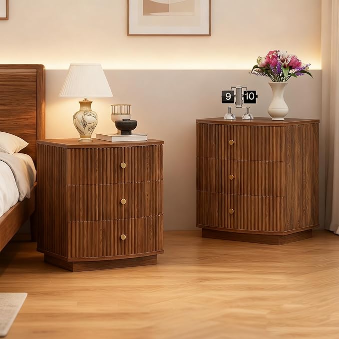 Grooved Wood End Table with 6 Drawers, Curved Edge Storage Side Table, Six Drawer Nightstand Compact Sofa Bedside Table for Bedroom, Living Room and Small Spaces, Walnut X2