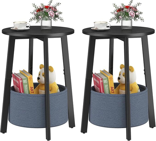 Small Round Side End Table Set of 2 with Cloth Storage Basket, Round Bedside Sofa Couch Coffee Tables for Small Places with Metal Frame, Modern Nighstands for Living Room Bedroom,Black