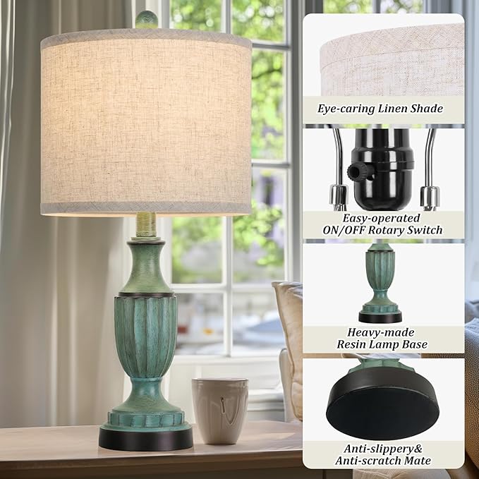 TOBUSA Farmhouse Living Room Table Lamps Set of 2, Green Rustic Vintage Table Lamps for Bedroom Nightstand, Antique Bedside Desk Lamps with Linen Shade, 22’’ Traditional Resin Lamp Sets for End Table