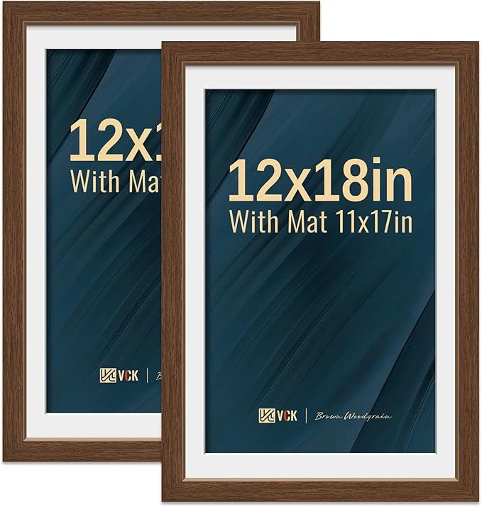 VCK 12x18 Picture Frame 2 Pack - Brown, High-End Wood Poster Frames with Tempered Glass, Display 11x17 Photo with Mat or 12x18 without Mat, Art Gallery-Quality, Wall Hanging, Brown