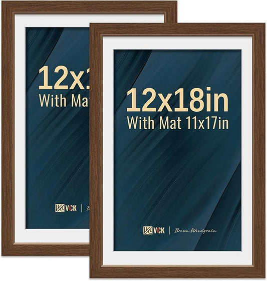 VCK 12x18 Picture Frame 2 Pack - Brown, High-End Wood Poster Frames with Tempered Glass, Display 11x17 Photo with Mat or 12x18 without Mat, Art Gallery-Quality, Wall Hanging, Brown