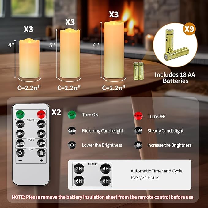 Flickering Flameless Candles, Realistic Battery Operated Candle with Timer, 18 AA Batteries Included, Set of 9 Outdoor Indoor Decor with 10-Key Remote LED Flameless Candle, Birthday Gifts for Him, Her