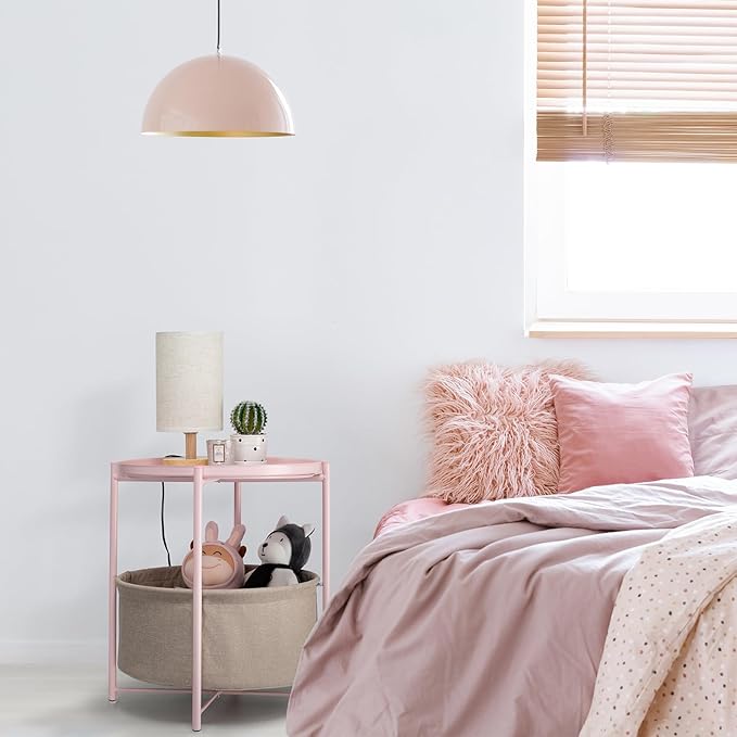 danpinera Round Side Table with Fabric Storage Basket, Metal Side Table Small Bedside Nightstand with Removable Tray Top for Living Room, Bedroom, Nursery, Laundry, Light Pink