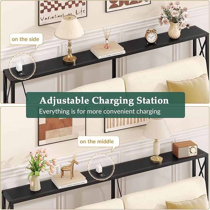 Console Table Narrow Long, Behind Couch Table with Oulets & USB Ports, Industrial Long Skinny Stand for Entryway,Hallway, Living Room, Bedroom Black, 7.9" D x 70" W x 30.3" H