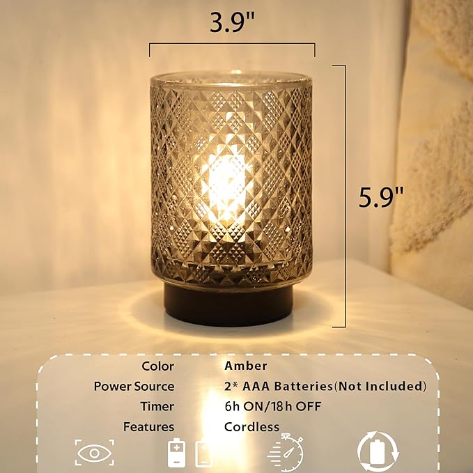 Battery Operated Lamp with Timer, Decorative Small Table Lamp, Glass Cordless Lamps Bedside Lamp for Living Room, Office, Bedroom, Entryway Diamond Design-Grey