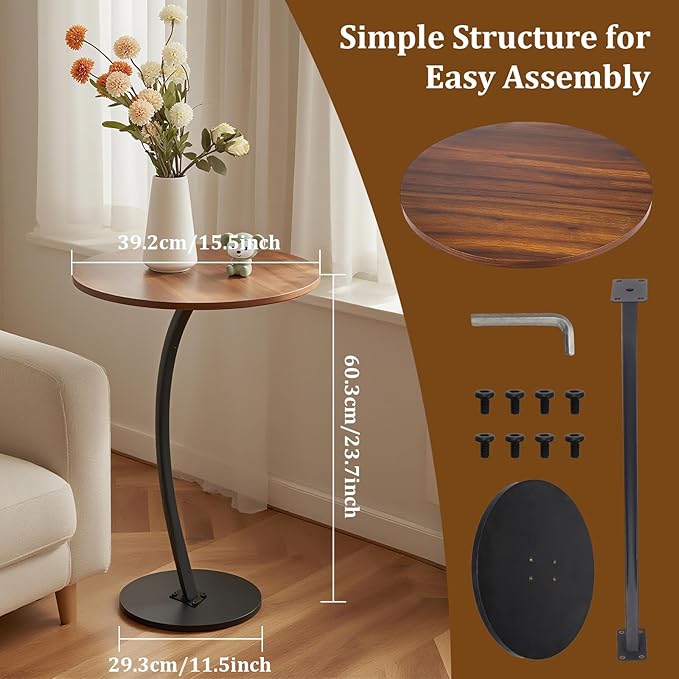 C-Shaped End Table, Round End Table for Living Room，Small Side Table for Couch, Retro Sofa Table with Metal Frame for Bedroom, Bedside Nightstand Rustic (Walnut)