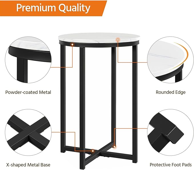 Yaheetech Round End Table Set of 2,16in Faux Marble Accent Table,Modern Side Table with Marble Top and Metal Frame,Small Coffee Table Telephone Table for Living Room/Small Space,Black