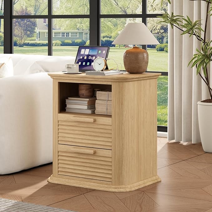 23'' Fluted Nightstand with Charging Station Set of 2, Modern End Table with 2 Drawers and Storage, Wood Night Stand with Round Corner, Side Table for Bedroom, Living Room, Curved Profile, Natural