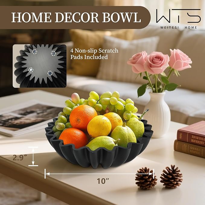 Decorative Fruit Bowl for Kitchen Counter, Large Decorative Bowl Modern Handicraft Bowl for Home Decor, Stylish Key Bowl for Entry Table, Coffee Table Decor, Home Decor Accent, Artificial Stone Black
