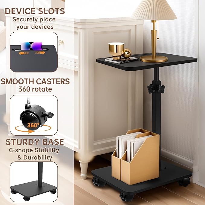 Aoligrace C Table End Table Adjustable Height, 360°Swivel TV Tray Table with Wheels, Small Side Table for Couch C Shaped End Table for Living Room Bedroom Small Spaces(Black 2)