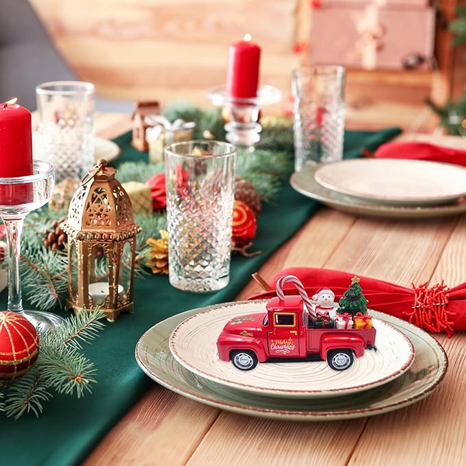 Christmas Red Truck Decor 5 Inch Vintage Farmhouse Metal Truck with Mini Christmas Village Accessories Rustic Xmas Tiered Tray Decor Winter Holiday Tabletop Decorations Xmas Party New Year Gifts