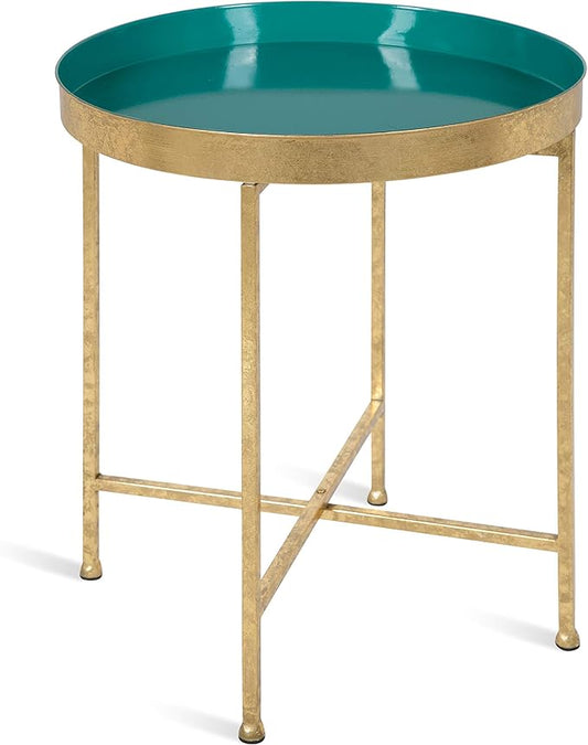 Kate and Laurel Celia Metal Foldable Round Accent Table, 18.25" x 18.25" x 22", Teal and Gold, Modern Minimalist Design and Detachable Magnetic Tabletop
