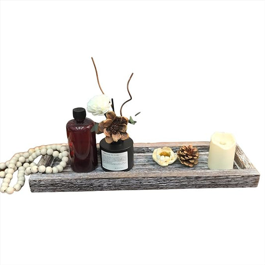 Rustic Decorative Wooden Candle Holder 16.93 Inch Rectangular Wooden Tray Vintage Candle Display Tray for Farmhouse Coffee Table Serving Fruits Snacks Pastries Home Decor (Wash White with Water)