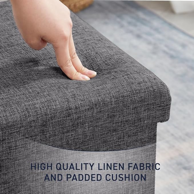 Ornavo Home Foldable Tufted Linen Storage Ottoman Square Cube Foot Rest Stool/Seat - 15" x 15" x 15" (Charcoal)