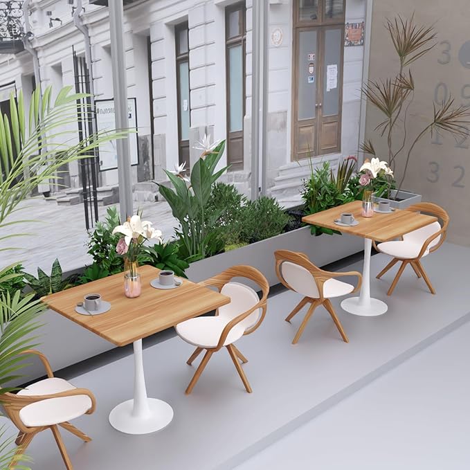 23.6" Square Small Dining Table for 2, Tulip Bistro Table with White Metal Pedestal Base, Modern Mid-Century Compact Kitchen Dining Piece for Home, Café, Restaurant, or Office