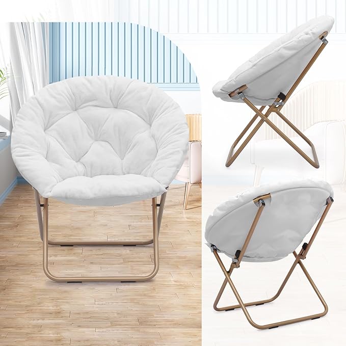Athena Collection Comfy Saucer Chair Folding Cozy Chair for Bed Room Living Room Accent Chair Faux Fur Reading Chair Foldable Metal Frame Lazy Chair Moon Chair for Adult, White