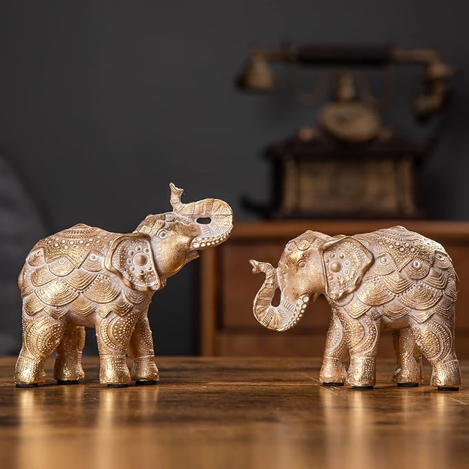 Elephant Statue for Home Decorations, Elephant Figurines with Trunk Up, Room Decor for Shelf Table Living Room Nightstand, African Elephants Gifts for Women Small Set of 2 Gold Color Accents