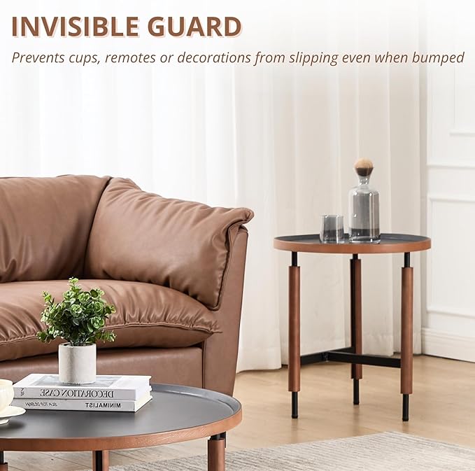 HEAH-YO 20" Round End Table, Small Side Table with Wood Tray Top, Sofa Table with Walnut Wrapped Metal Legs,Industrial & Farmhouse Nightstand for Living Room/Office Reception, Black