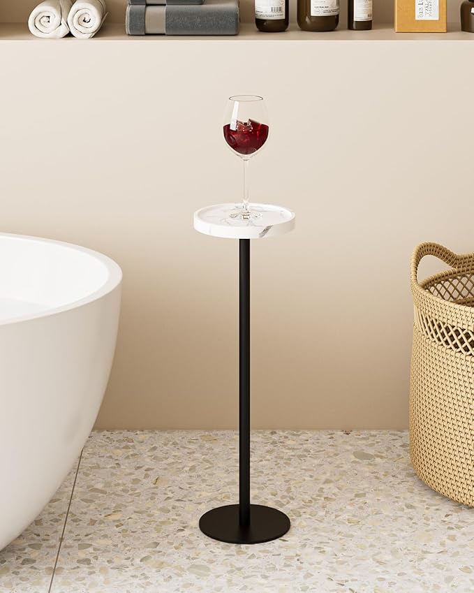 Drink Table, Small Pedestal Side Table, Round Cocktail Table, Circle Accent End Table with Metal Base, for Small Spaces (1, White Marble)