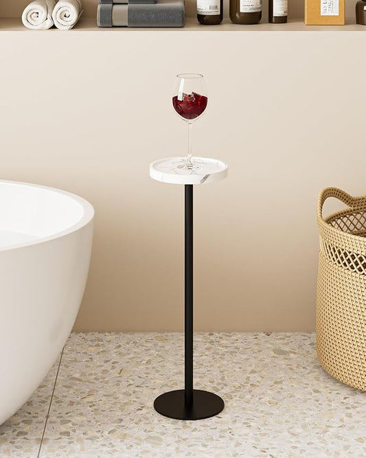 Drink Table, Small Pedestal Side Table, Round Cocktail Table, Circle Accent End Table with Metal Base, for Small Spaces (1, White Marble)