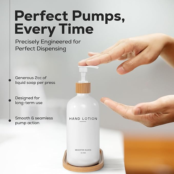 White Glass Lotion Dispenser with Pump Bathroom Set by Brighter Barns - Hand Lotion Dispenser with Tray - Modern Bathroom Decor - Boho Bedroom Decor for Housewarming Gift, Airbnb, Hotel (White)