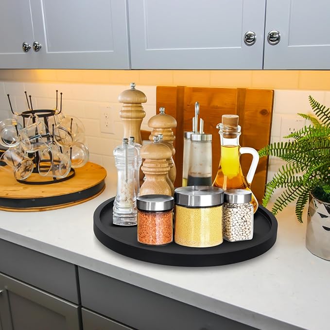 12" Black Wood Lazy Susan Cabinet Turntable Round Bathroom Vanity Organizer Tray Decorative Wooden Lazy Susans for Dining Table Top Kitchen Sink Countertop Large Lazy Susan Rotating Tray Spice Rack