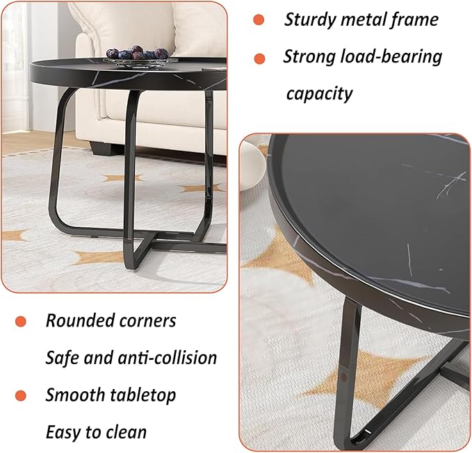 Round Coffee Table, 20 inch Circle Coffee Table with Fluted & Sturdy Metal Legs, Small End Table Center Table for Living Room Bedroom Office Balcony Yard (Black, 20 inches)