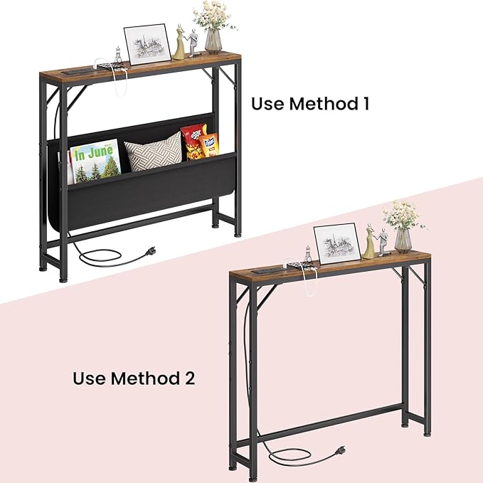 31.5'' Small Console Table with Charging Station and Storage, Narrow Sofa Table with Power Outlets, Behind The Couch Table, for Living Room, Foyer, Entryway, Hallway, Rustic Brown