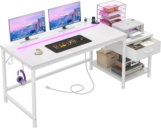 Computer Desk with Printer Shelf & Storage Shelves,56 Inch Gaming Desk with LED Lights & Power Outlet,Office Desk with Headphone Hook,Reversible Corner Desk for Small Space,White