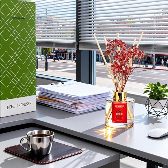 Reed Diffuser Set - 3.38 fl oz （100ml） Rose Home Fragrance Reed Diffuser for Bathroom Shelf Decor 6 Reed Stick