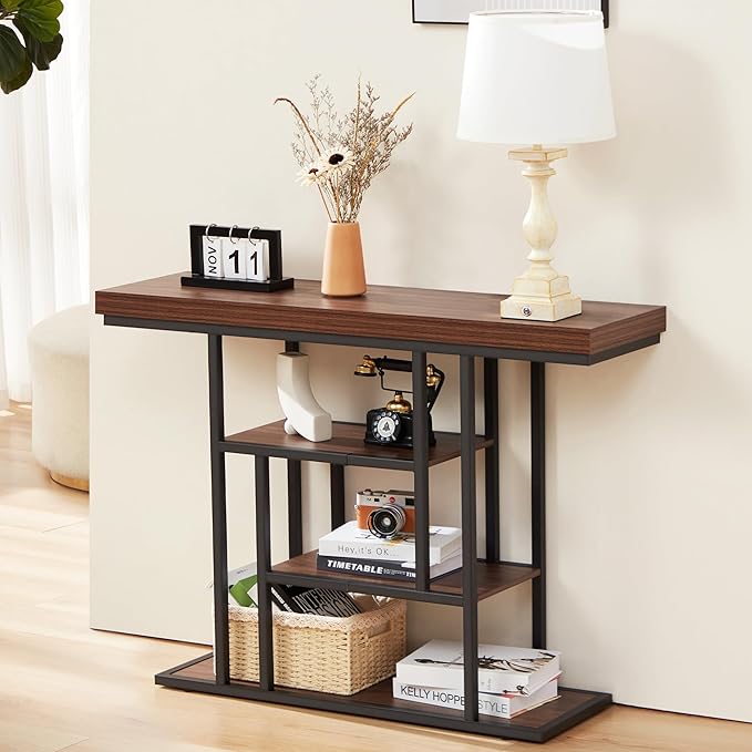 HABUTAY 42 Inch Industrial Entryway Table with 4-Tier Storage Shelves,Sofa Table for Living Room, Narrow Console Table for Hallway, Foyer, Front Door, Accent Furniture with Metal Frame，Rustic Brown