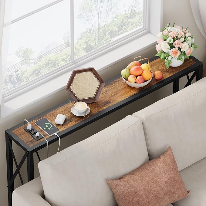 41.8" Console Table, Narrow Behind The Couch Table with Outlet, Industrial Skinny Stand for Hallway, Entryway, Living Room, Bedroom, 6.5 Feet Power Cord,Rustic Brown