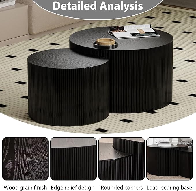 Round Nesting Coffee Table Set of 2 Handcraft Circle Fluted Nesting Coffee Tables Circular Side Table Drum Accent End Tables for Living Room Bedroom (Black Large)