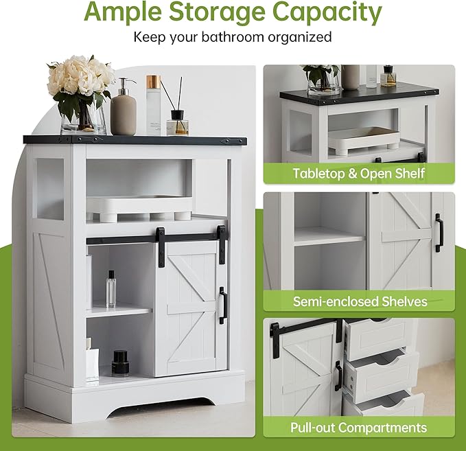 Real Relax Bathroom Floor Cabinet, Rustic Storage Cabinet with Sliding Barn Door & Convenient Storage Drawers, Ideal Solid Cabinet for Bathroom, Kitchen, Living Room, Bedroom