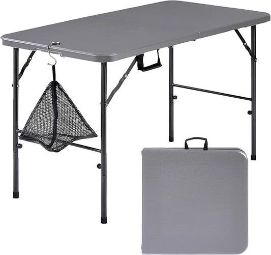 VECELO Folding Table 4 Foot with Mesh Bag, Indoor Outdoor Heavy-Duty Portable w/Handle,Fold-in-Half for Picnic, Party, Camping, Light Grey