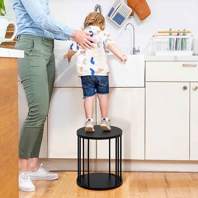 HDANI Wooden Stool Set of 2 for Kids,Adults,300lbs Load Capacity Garden Round Wood Stool,Non-Slip Small Step Stool for Plant Stand,Kitchen,Bathroom and Bedroom,Black