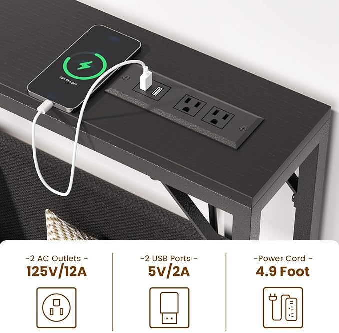 31.5'' Small Console Table with Charging Station and Storage, Entryway Table Narrow with Power Outlets and USB Ports, Skinny Sofa Table, for Living Room, Foyer, Entryway, Hallway, Black