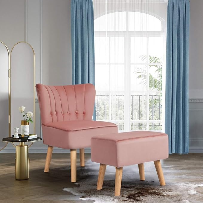Giantex Modern Accent Chair Ottoman Set, Armless Slipper Sofa Chair with Footstool, Velvet Upholstered, Button Tufted, Single Chair and Ottoman for Living Room/Bedroom/Home Office (Pink)