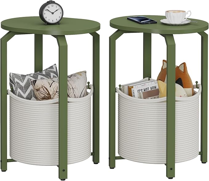 TUTOTAK Small Side Table, Oval End Table, Night Stand, Bedside Table, Sofa Table with Storage Basket, Living Room, Bed Room, Olive Green TB01BOG0932
