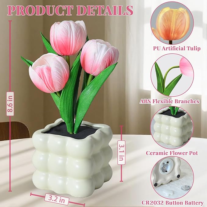 Flower Table Lamp, Tulip Desk LED Night Light for Home Living Room Decor, Artificial Flower with Vase Lamp, Table Centerpieces for Holiday Party Wedding Room Decoration (Pink Tulip - Button Battery)