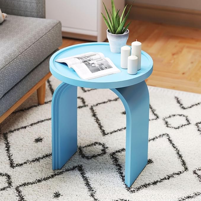 Round Side Table, Modern Wood End Table with Sturdy Base, Small Blue Drink Table for Living Room, Bedroom and Small Spaces