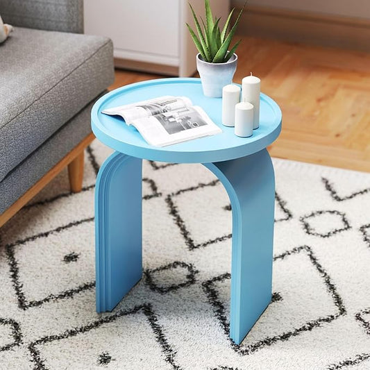 Round Side Table, Modern Wood End Table with Sturdy Base, Small Blue Drink Table for Living Room, Bedroom and Small Spaces