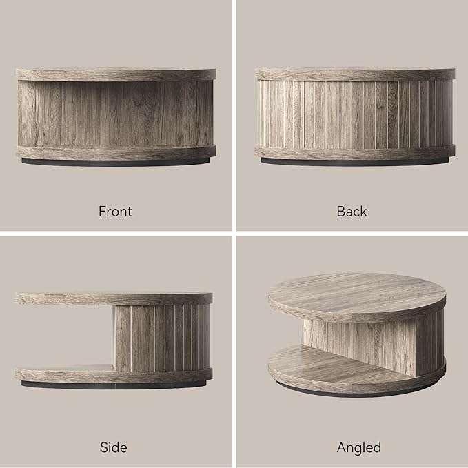 31-Inch Round Wood Coffee Table with Shelf for Living Room, 2-Tier Fluted Center Tea Tables with Wooden Circle Tabletop and Open Shelves for Home Apartment Small Spaces, Wash Gray