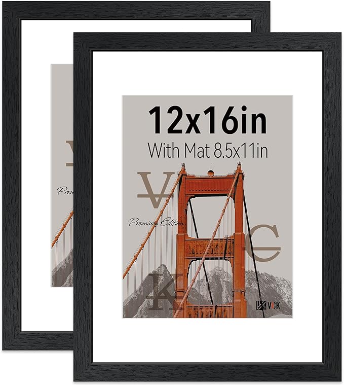 VCK 12x16 Picture Frame 2 Pack - Black, High-End Wood Poster Frames with Tempered Glass, Display 8.5x11 Photo with Mat or 12x16 without Mat, Art Gallery-Quality, Wall Hanging, Black