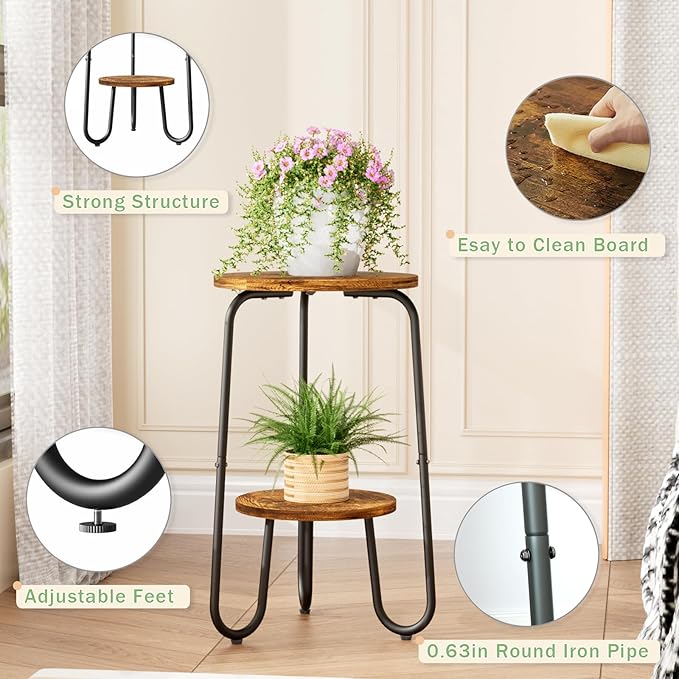 2 Tier Wood Plant Stand Indoor, Small Round Flower Pot Stand, 19.6" Tall Single Plant Holder for Living Room, Balcony, Rustic Brown End Side Table（Rustic Brown）