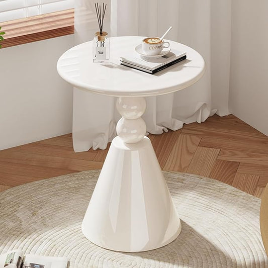 23" Round Side Table, Modern French Style End Table with Pedestal Base, Small Accent Table for Living Room, Bedroom, or Sofa Side, Cream White