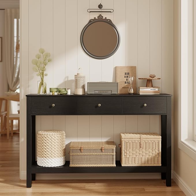Gizoon 3 Drawer Wooden Sofa Table with Open Shelf, Modern Accent Console Table with Metal Round Handles, Large Storage Space, for Living Room, Front Hall, Entrance Hall, Study Room, Black
