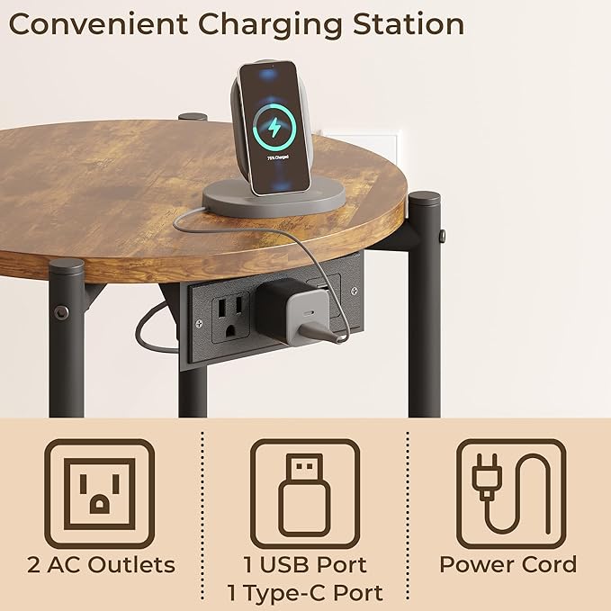 LIKIMIO 15.8" W Small Round Side Table with Charging Station, 2-Tier End Table with Lower Shelf, Wooden Nightstand for Small Spaces, Living Room, Bedroom, Rustic Brown