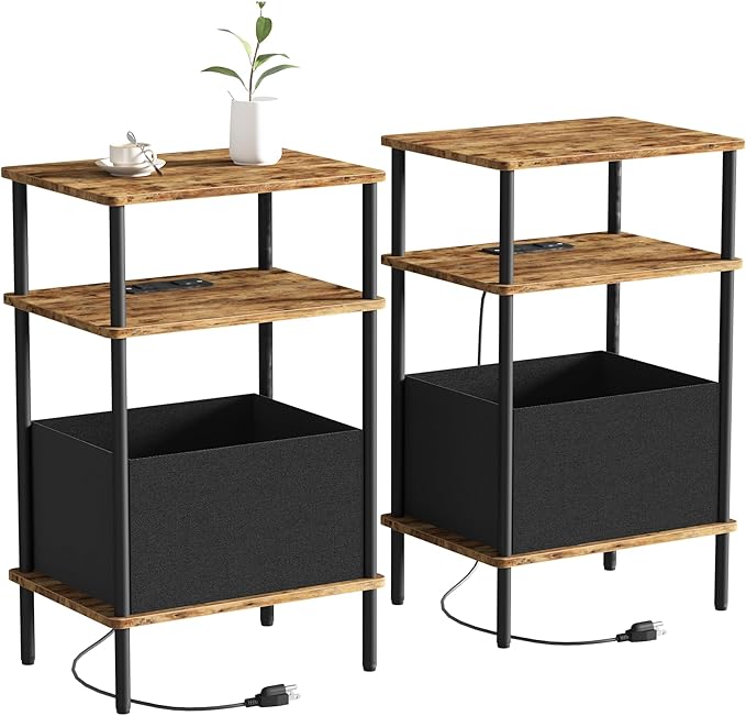Small Side Table with Charging Station, Set of 2 End Table for Small Spaces, Slim Nightstand with Outlet,Sofa Beside Table,Living Room, Bed Room, Rustic Brown