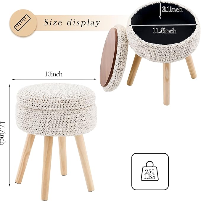 Round Foot Stool Ottoman with Storage Footrest with Wood Legs Cotton Knitted Vanity Stool Tray Top Coffee Table Multifunctional Upholstered Footstool for Living Room Bedroom White